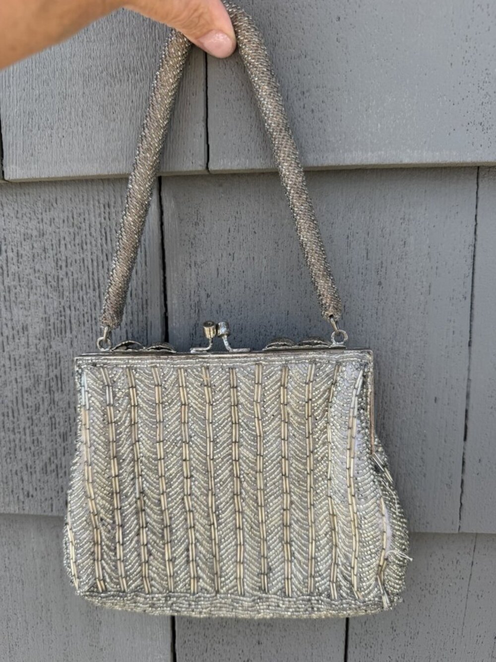 GORGEOUS Handmade Vintage 50s MCM flapper silver beaded evening bag French